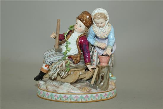 A Meissen group emblematic of winter, late 19th century, 14cm, some damage